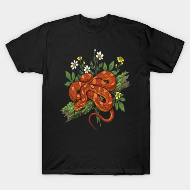 Orange Corn Snake with Forest Flowers T-Shirt by BirdsnStuff