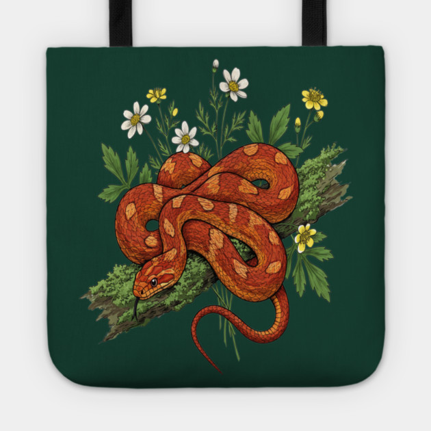 Orange Corn Snake with Forest Flowers Tote by BirdsnStuff