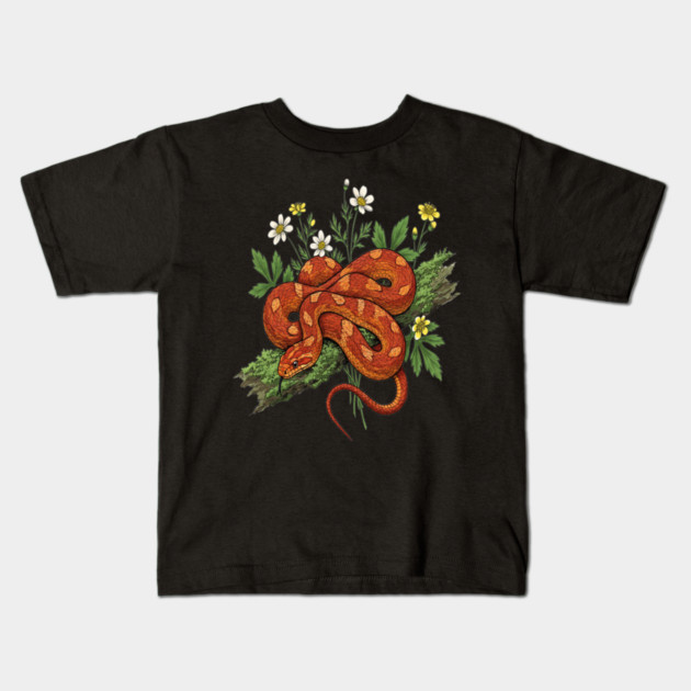 Orange Corn Snake with Forest Flowers Kids T-Shirt by BirdsnStuff