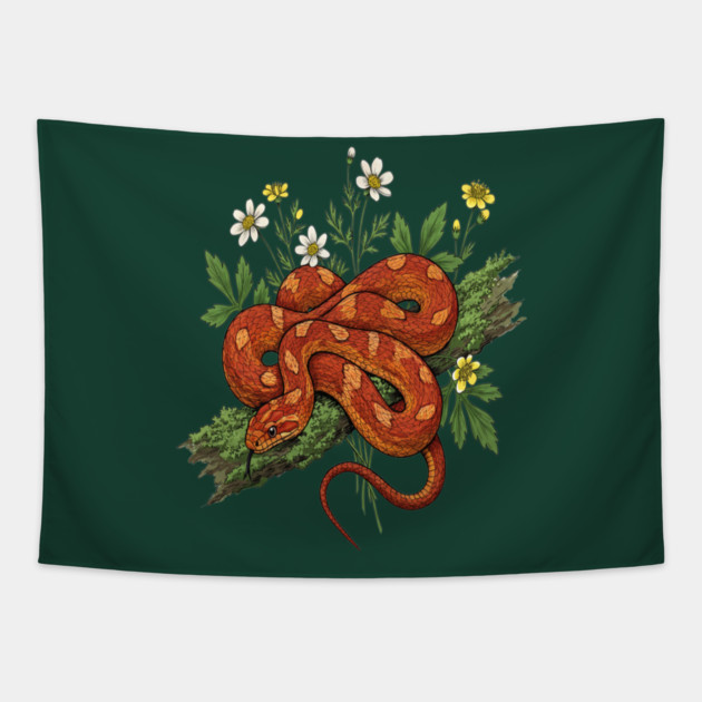 Orange Corn Snake with Forest Flowers Tapestry by BirdsnStuff