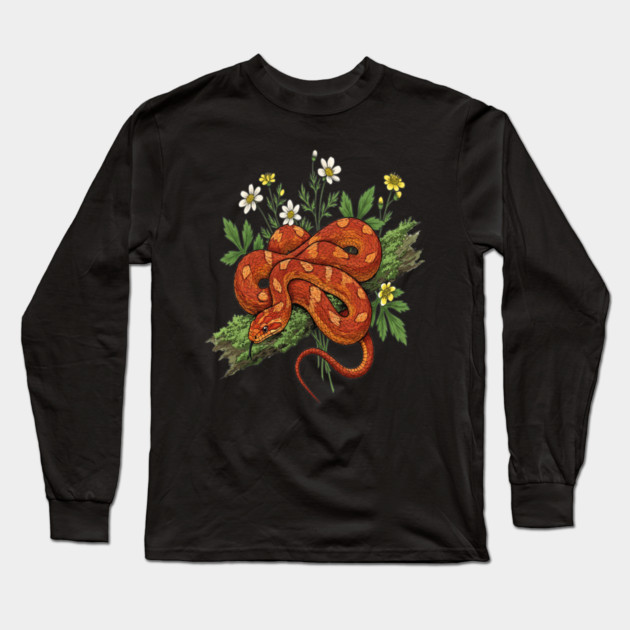 Orange Corn Snake with Forest Flowers Long Sleeve T-Shirt by BirdsnStuff