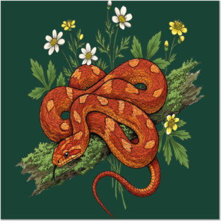 Orange Corn Snake with Forest Flowers Posters and Art