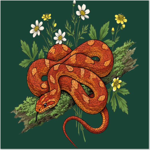 Orange Corn Snake with Forest Flowers Wall Art by BirdsnStuff