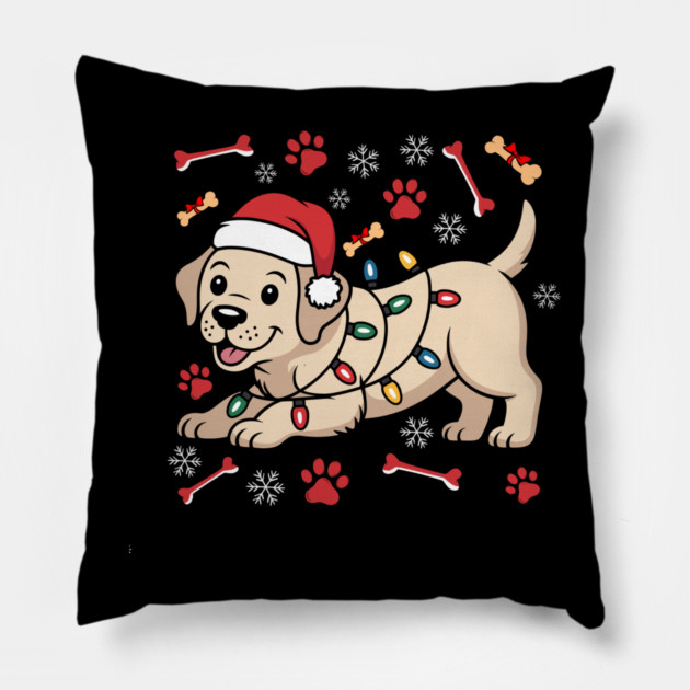 Cute Christmas Puppy With Santa Hat and Holiday Lights Pillow by Creatifly Graphic Tees