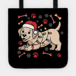 Cute Christmas Puppy With Santa Hat and Holiday Lights Tote