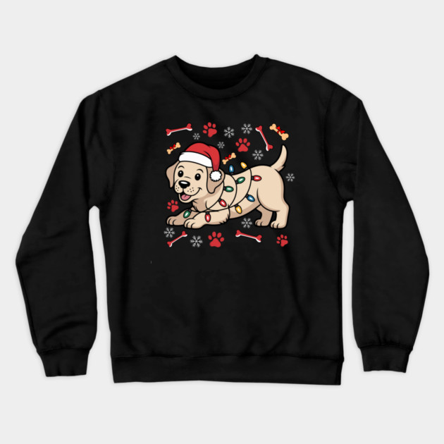 Cute Christmas Puppy With Santa Hat and Holiday Lights Crewneck Sweatshirt by Creatifly Graphic Tees