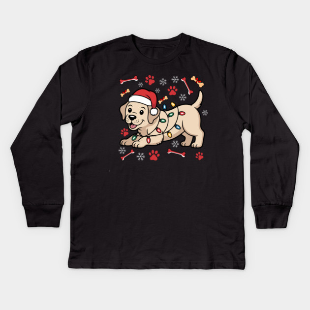 Cute Christmas Puppy With Santa Hat and Holiday Lights Kids Long Sleeve T-Shirt by Creatifly Graphic Tees