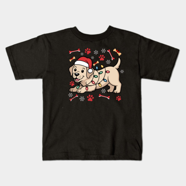 Cute Christmas Puppy With Santa Hat and Holiday Lights Kids T-Shirt by Creatifly Graphic Tees