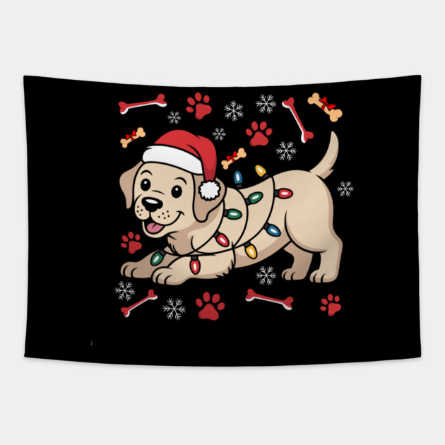 Cute Christmas Puppy With Santa Hat and Holiday Lights Tapestry by Creatifly Graphic Tees