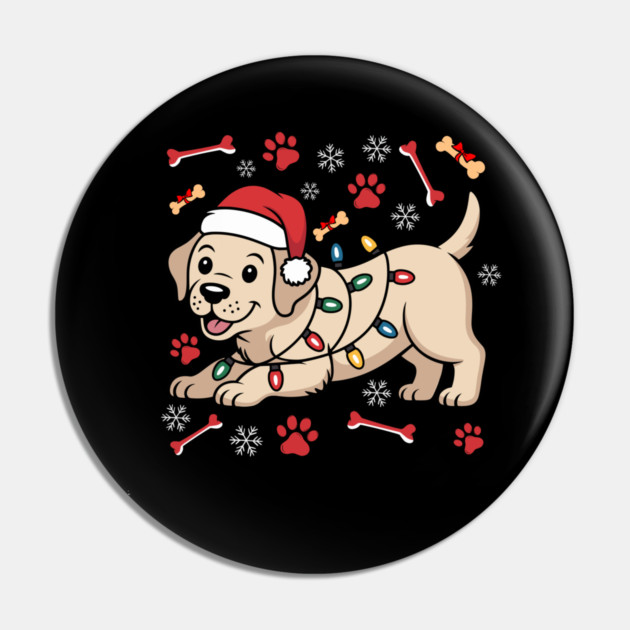 Cute Christmas Puppy With Santa Hat and Holiday Lights Pin by Creatifly Graphic Tees