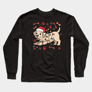 Cute Christmas Puppy With Santa Hat and Holiday Lights Long Sleeve T-Shirt