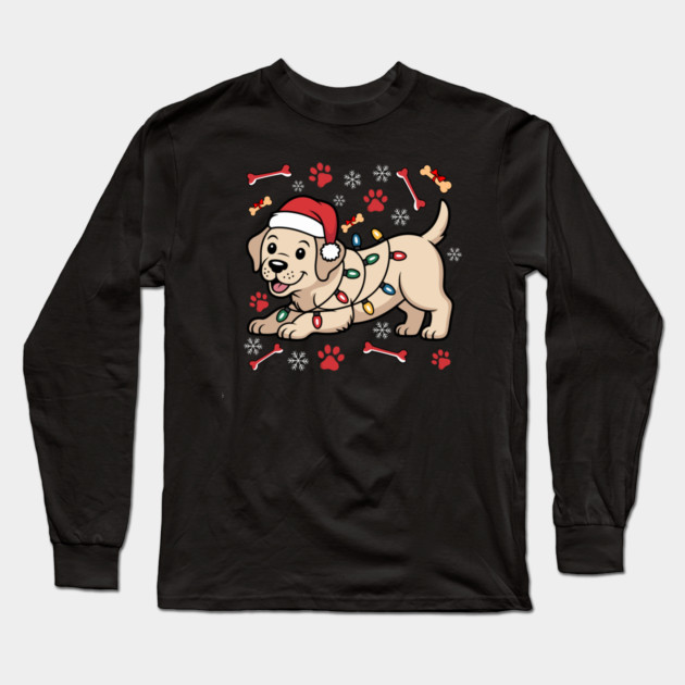 Cute Christmas Puppy With Santa Hat and Holiday Lights Long Sleeve T-Shirt by Creatifly Graphic Tees