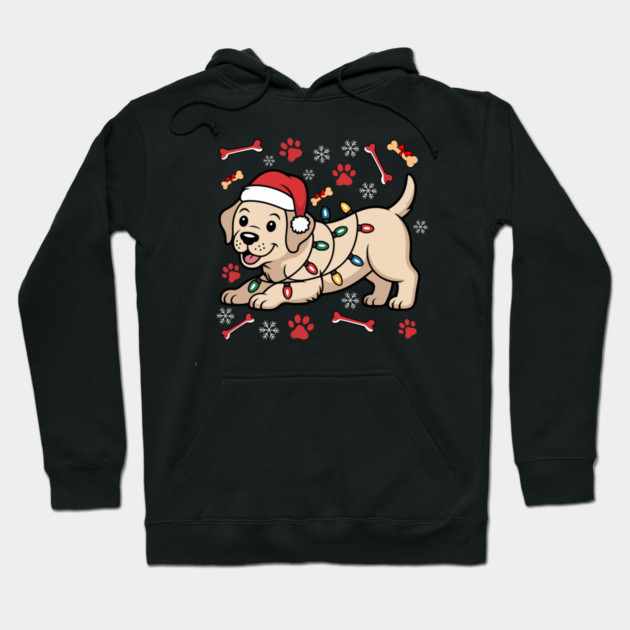 Cute Christmas Puppy With Santa Hat and Holiday Lights Hoodie by Creatifly Graphic Tees