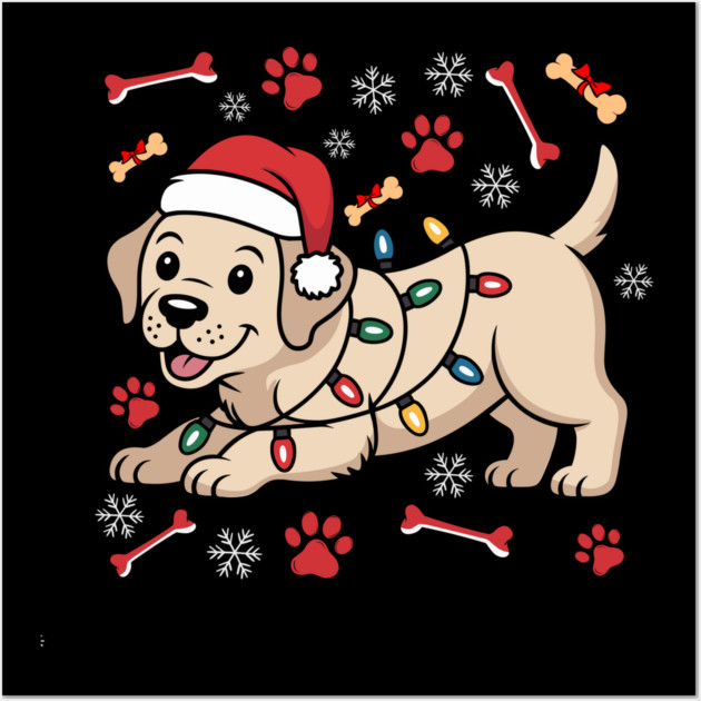 Cute Christmas Puppy With Santa Hat and Holiday Lights Wall Art by Creatifly Graphic Tees