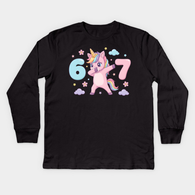 67-Meme-Unicorn-Girl-Six-Seven-Brainrot-Cute-Gen-Alpha-Design Kids Long Sleeve T-Shirt by ArtistTee ⭐⭐⭐⭐⭐