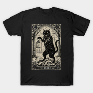 Mystical Yule Cat Illustration With Vintage Tarot Inspired Holiday Winter Display T-Shirt