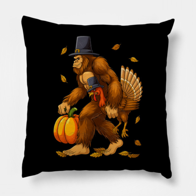 Bigfoot Pilgrim Turkey With Pumpkin – Funny Thanksgiving Day Gift Pillow by Db Printed