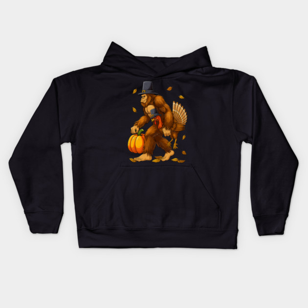 Bigfoot Pilgrim Turkey With Pumpkin – Funny Thanksgiving Day Gift Kids Hoodie by Db Printed