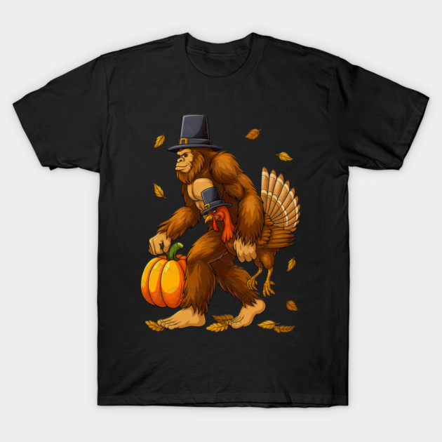 Bigfoot Pilgrim Turkey With Pumpkin – Funny Thanksgiving Day Gift T-Shirt by Db Printed