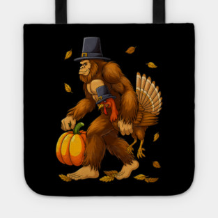 Bigfoot Pilgrim Turkey With Pumpkin – Funny Thanksgiving Day Gift Tote