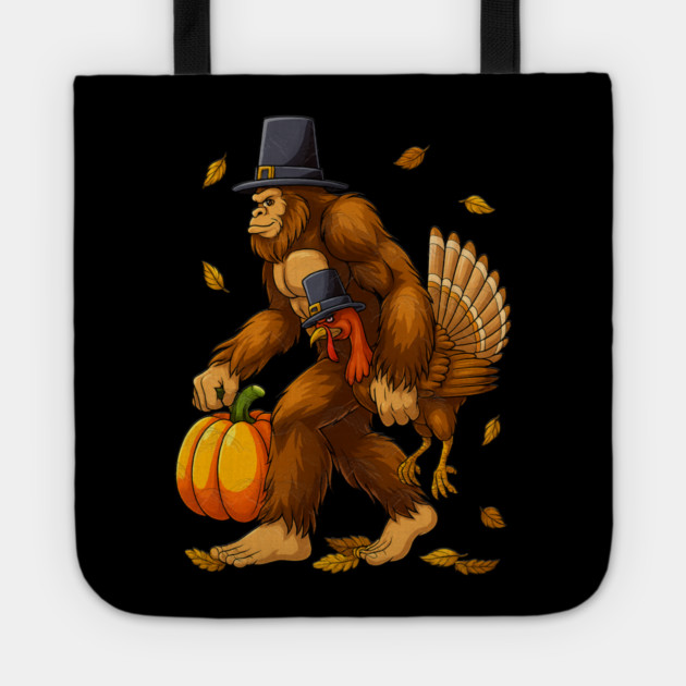 Bigfoot Pilgrim Turkey With Pumpkin – Funny Thanksgiving Day Gift Tote by Db Printed