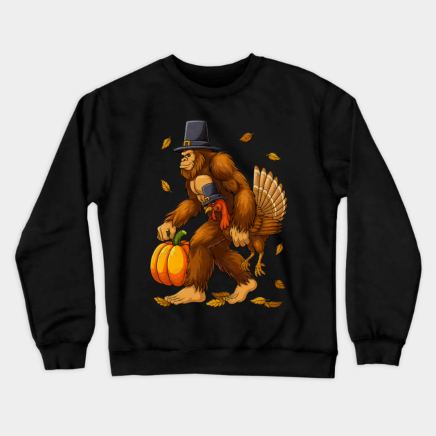 Bigfoot Pilgrim Turkey With Pumpkin – Funny Thanksgiving Day Gift Crewneck Sweatshirt by Db Printed