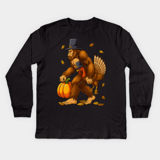 Bigfoot Pilgrim Turkey With Pumpkin – Funny Thanksgiving Day Gift Kids Long Sleeve T-Shirt by Db Printed