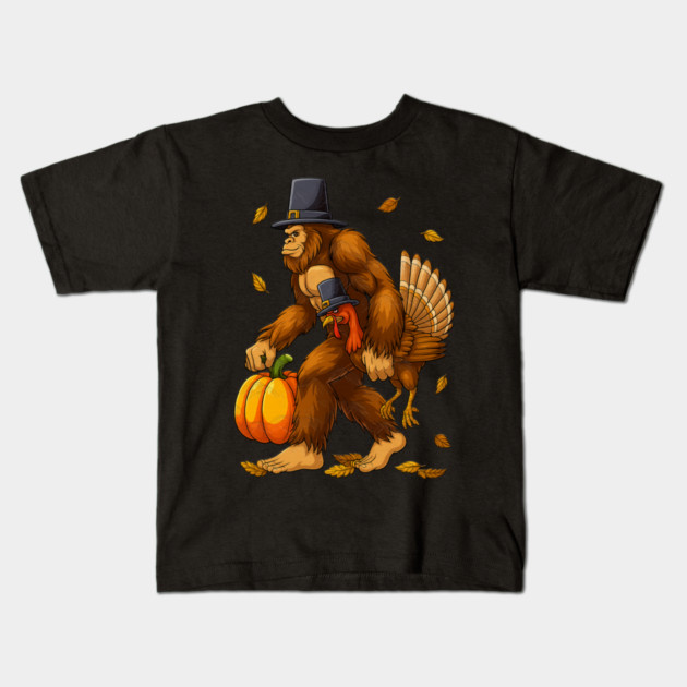 Bigfoot Pilgrim Turkey With Pumpkin – Funny Thanksgiving Day Gift Kids T-Shirt by Db Printed