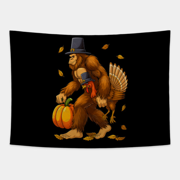 Bigfoot Pilgrim Turkey With Pumpkin – Funny Thanksgiving Day Gift Tapestry by Db Printed