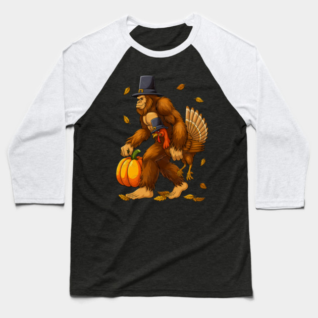 Bigfoot Pilgrim Turkey With Pumpkin – Funny Thanksgiving Day Gift Baseball T-Shirt by Db Printed
