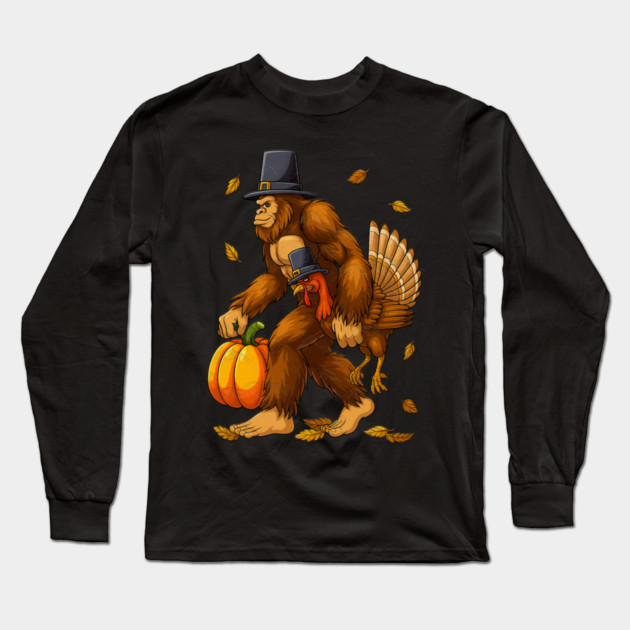Bigfoot Pilgrim Turkey With Pumpkin – Funny Thanksgiving Day Gift Long Sleeve T-Shirt by Db Printed