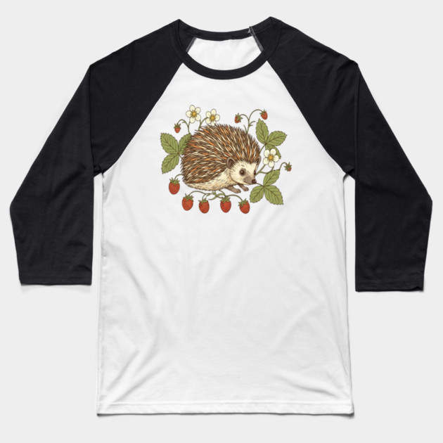 Hedgehog with Wild Woodland Strawberries Baseball T-Shirt by BirdsnStuff