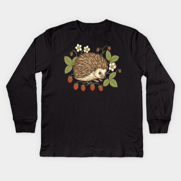 Hedgehog with Wild Woodland Strawberries Kids Long Sleeve T-Shirt by BirdsnStuff