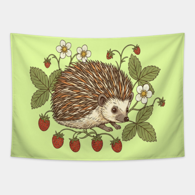 Hedgehog with Wild Woodland Strawberries Tapestry by BirdsnStuff