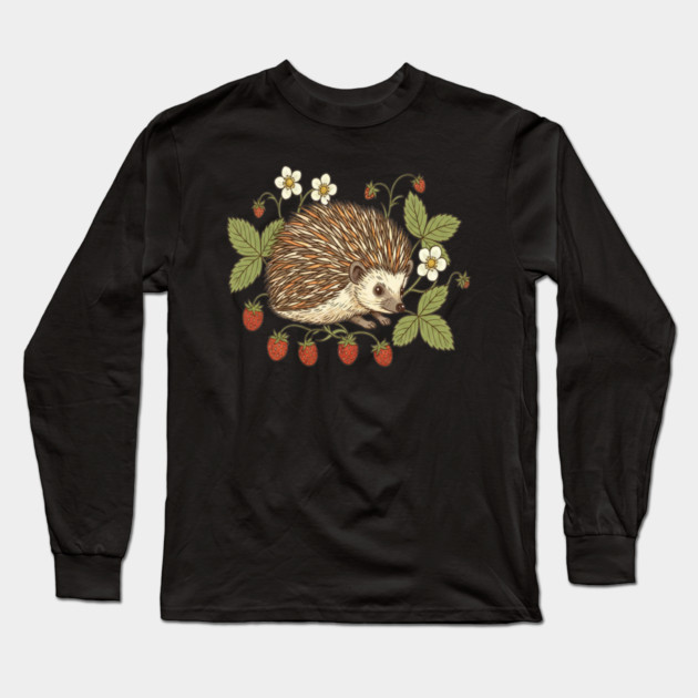 Hedgehog with Wild Woodland Strawberries Long Sleeve T-Shirt by BirdsnStuff