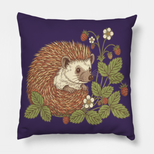 Hedgehog with Woodland Strawberries Pillow by BirdsnStuff