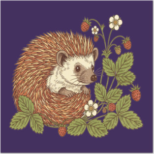 Hedgehog with Woodland Strawberries Posters and Art
