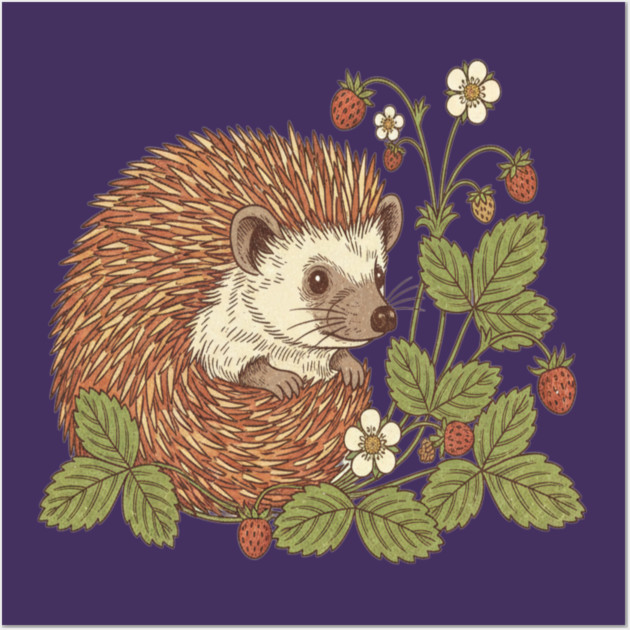 Hedgehog with Woodland Strawberries Wall Art by BirdsnStuff