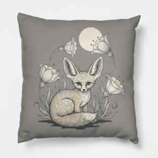 Moonlit Fennec Fox with Desert Flowers Pillow