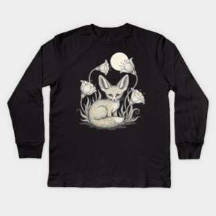 Moonlit Fennec Fox with Desert Flowers Kids Long Sleeve T-Shirt