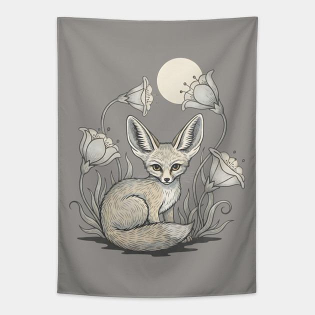 Moonlit Fennec Fox with Desert Flowers Tapestry by BirdsnStuff
