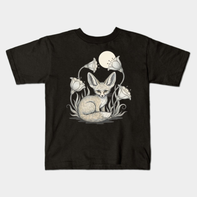 Moonlit Fennec Fox with Desert Flowers Kids T-Shirt by BirdsnStuff