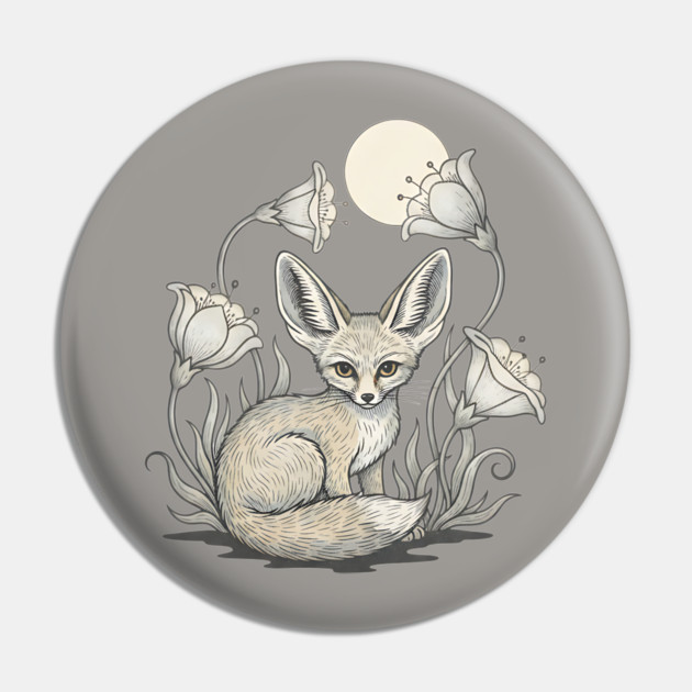Moonlit Fennec Fox with Desert Flowers Pin by BirdsnStuff