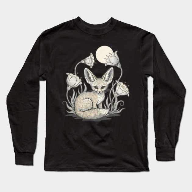 Moonlit Fennec Fox with Desert Flowers Long Sleeve T-Shirt by BirdsnStuff