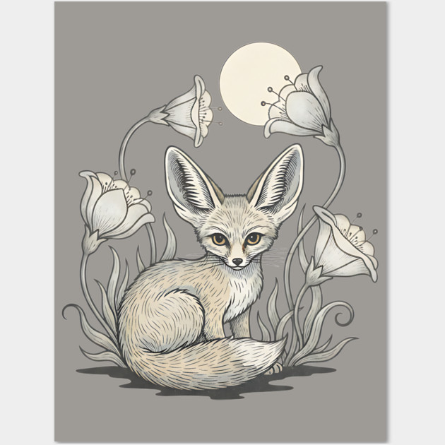 Moonlit Fennec Fox with Desert Flowers Wall Art by BirdsnStuff