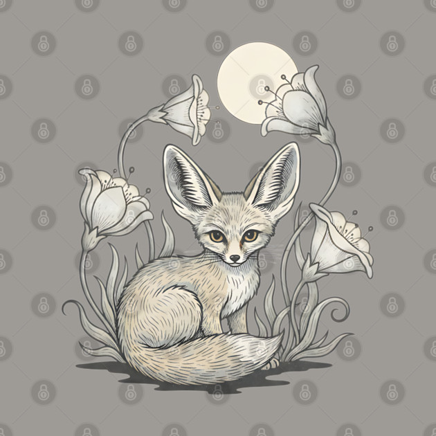 Moonlit Fennec Fox with Desert Flowers by BirdsnStuff