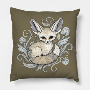 Fennec Fox with Desert Flowers Pillow