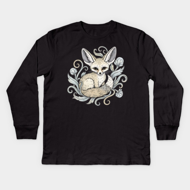 Fennec Fox with Desert Flowers Kids Long Sleeve T-Shirt by BirdsnStuff