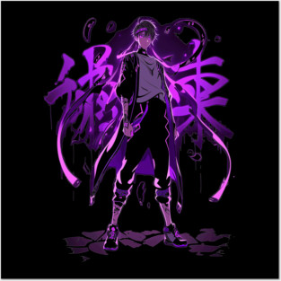 Dynamic Anime Character Purple Neon Glow Art Posters and Art