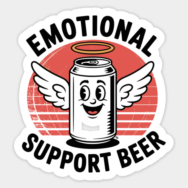 Emotional Support Beer – Retro Angel Can Sticker by Cosmo Gazoo